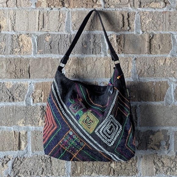 NWOT Catori Boho Woven Shoulder Bag Tote Black Colorful Embroidery - Picture 1 of 9